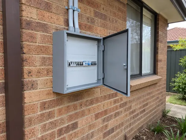 Open exterior switchboard on a brick house wall beside a window in Wolli Creek